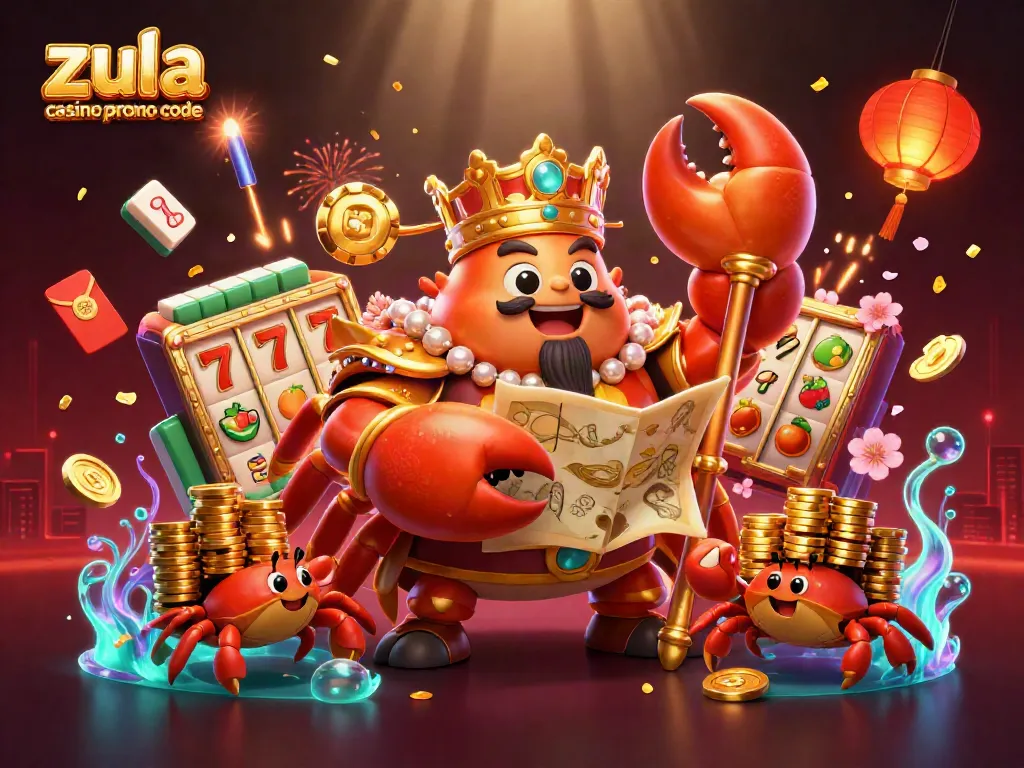 Engage with the zula casino promo code scene featuring golden crab emperor amidst slot reels and festive elements.