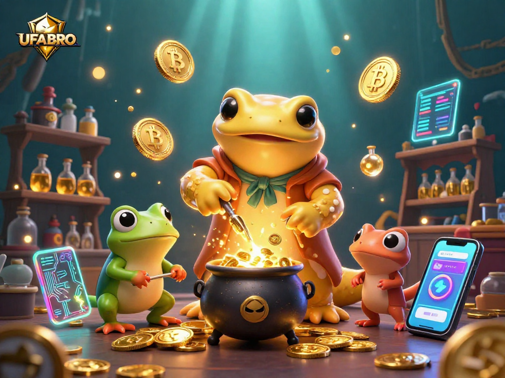 Bet on UFABRO with dynamic casino elements, showcasing golden alchemist magic and cryptocurrency in action.
