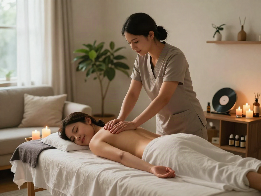 관악구출장마사지 session in a serene home setting with a relaxed therapist and client.