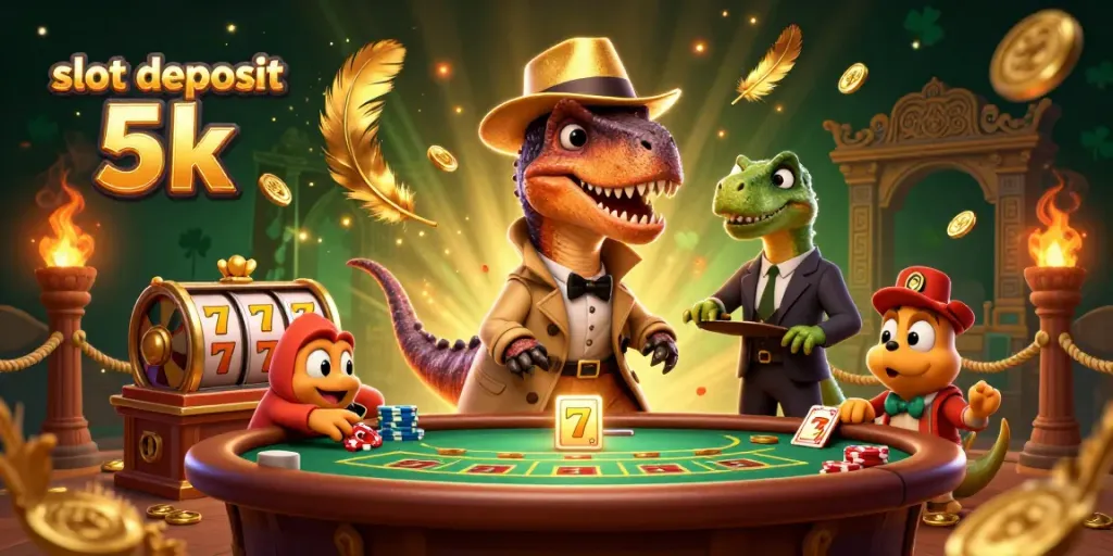 Engage in high-stakes gaming with a vibrant scene of a slot deposit 5k adventure full of dynamic characters and casino elements.