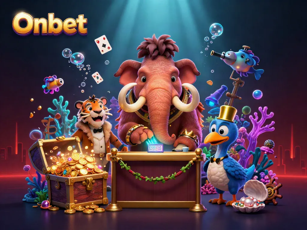Onbet's thrilling casino scene featuring a woolly mammoth bouncer and VIP saber-tooth tiger amidst treasures and games