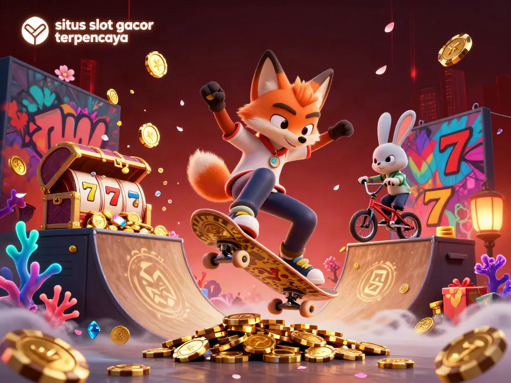 Experience excitement with the dynamic scene of a skateboarder fox and BMX rabbit at situs slot gacor terpercaya.