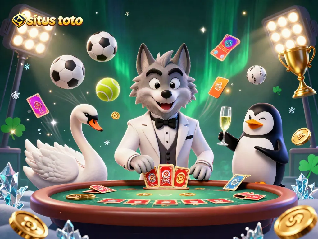 Engaging scene depicting situs toto with a debonair wolf in a tuxedo, a swan dealing cards, and a penguin sommelier.