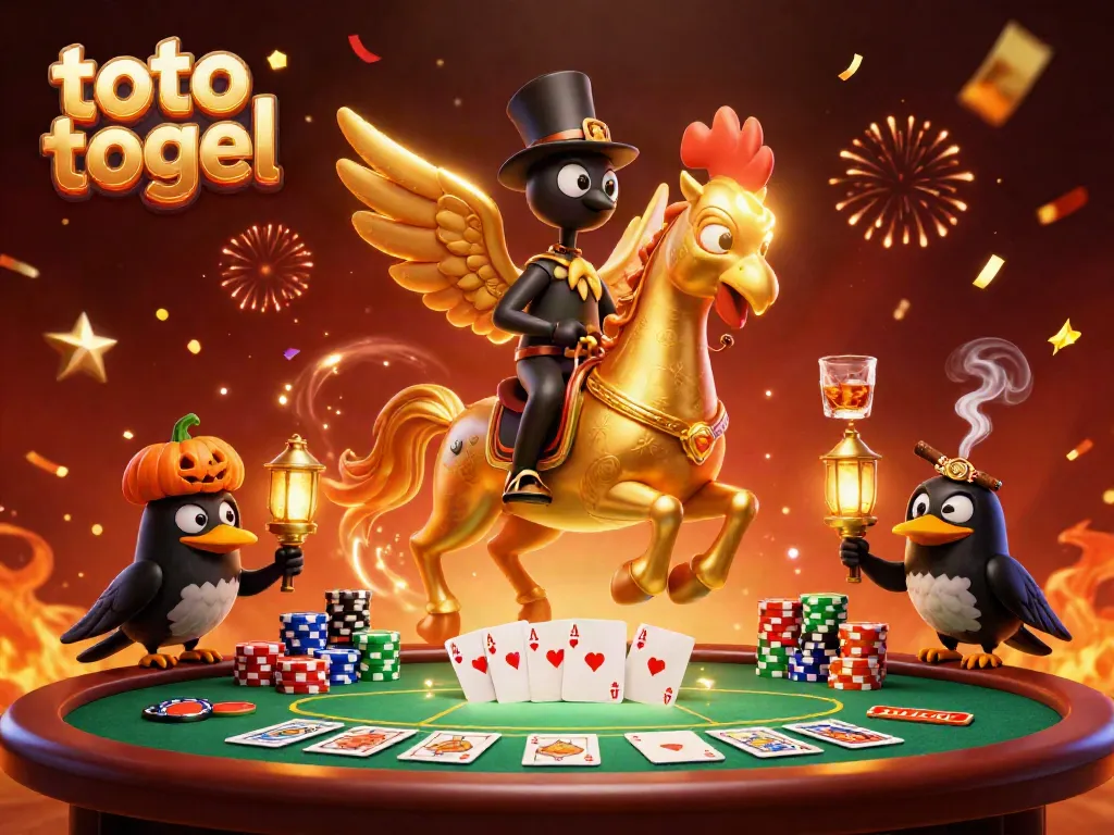 Experience the thrilling toto togel adventure with a golden rooster and companions lighting up the casino.