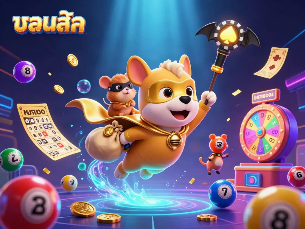 Experience thrilling sports betting action with สด, featuring a dynamic superhero dog and hamster amidst vibrant gaming elements.