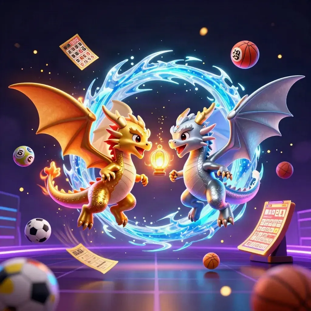 Twin gold and silver dragons amid neon casino props, glowing lights, and flying tickets.