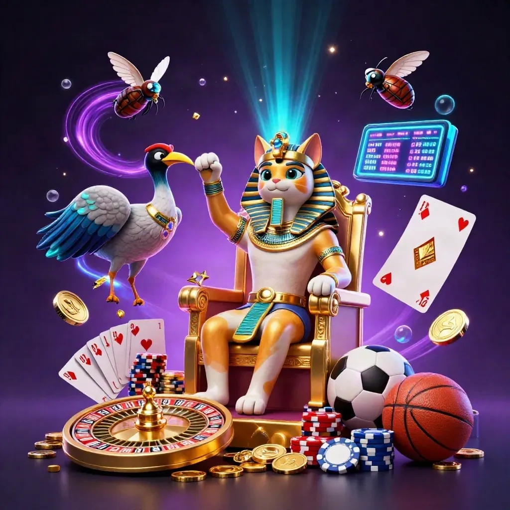 Pharaoh cat, ibis scribe, and gem-winged scarabs amid casino chips, cards, coins, and neon light.