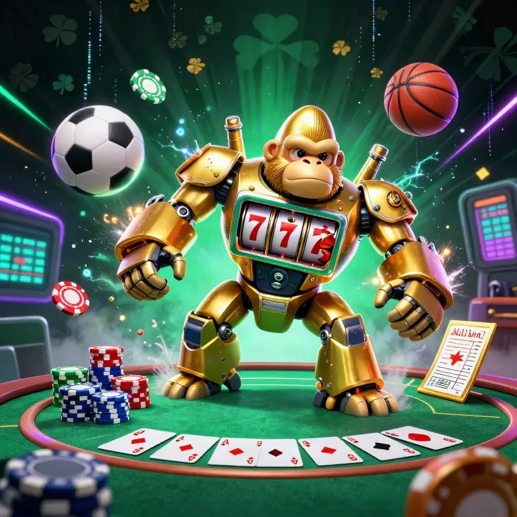 Golden gorilla slot mech bursts through casino sports chaos with balls, chips, and neon energy.