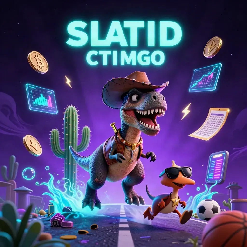 Cowboy T-Rex, cactus sidekick, and sheriff roadrunner amid neon crypto chaos in a cosmic casino scene.