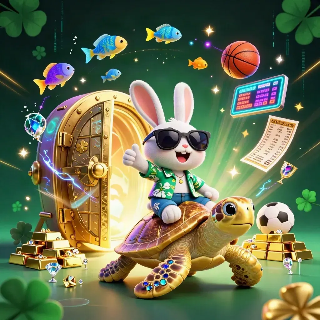 Lucky rabbit rides a gold turtle amid casino loot, neon energy, and dark emerald shadows.