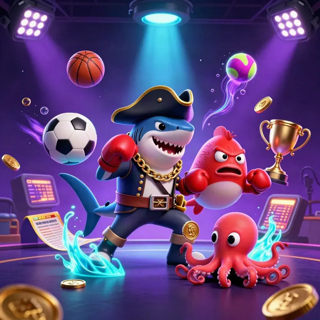 Pirate shark, boxing pufferfish, and juggling octopus amid flying balls, coins, and neon casino lights.
