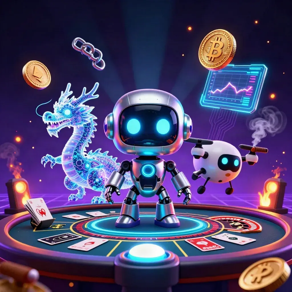 Cyberpunk robot, holographic dragon, and coin drone amid neon casino luxury and spinning roulette.