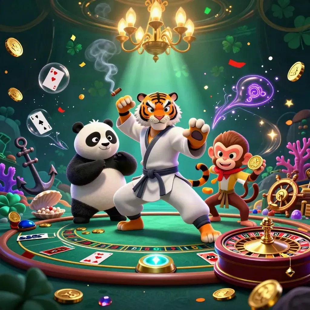 Tiger, panda, and monkey in a luxe treasure-cove casino with spinning roulette and glowing gold.