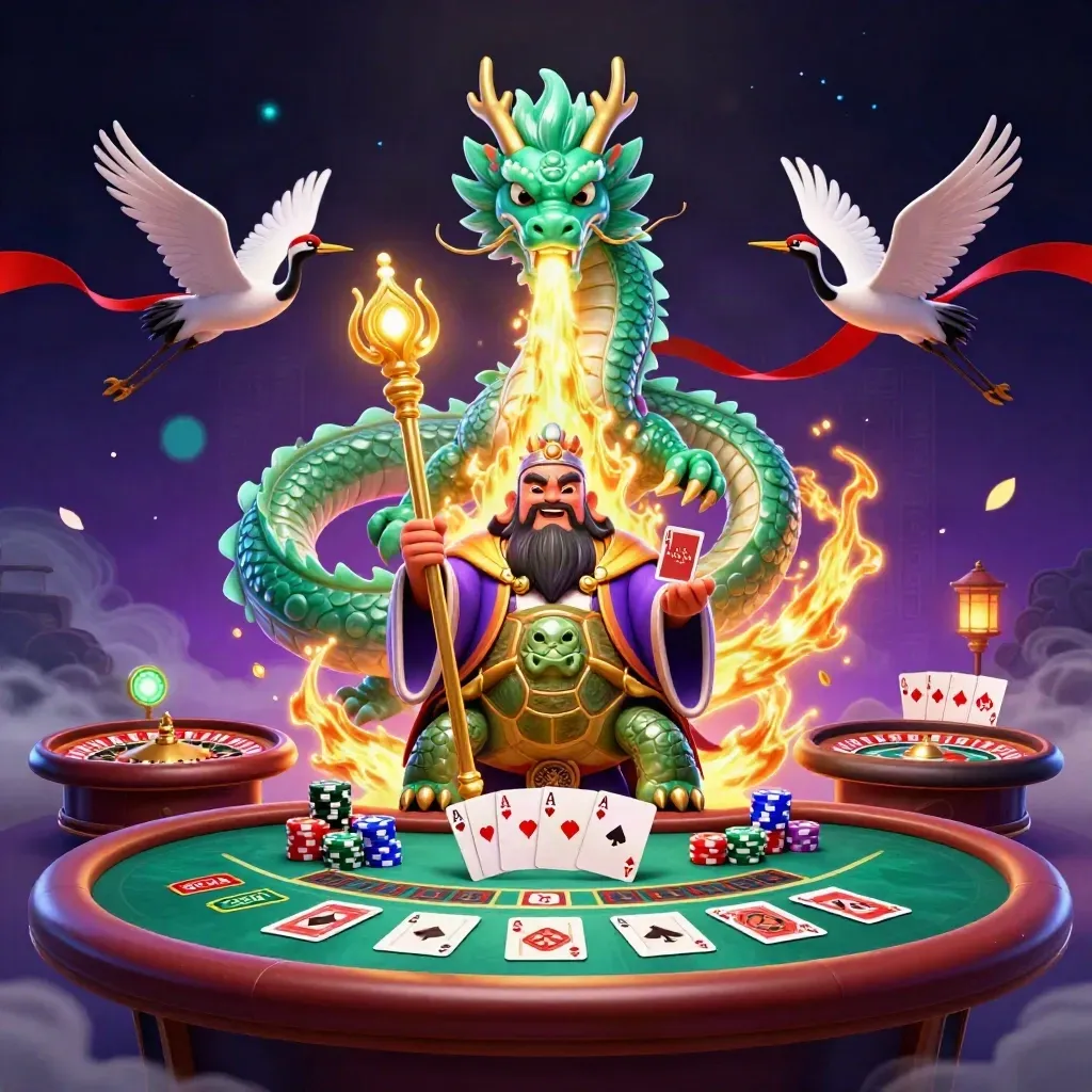 Jade dragon, turtle sage, and cranes amid casino tables, glowing fire, petals, and neon fog.