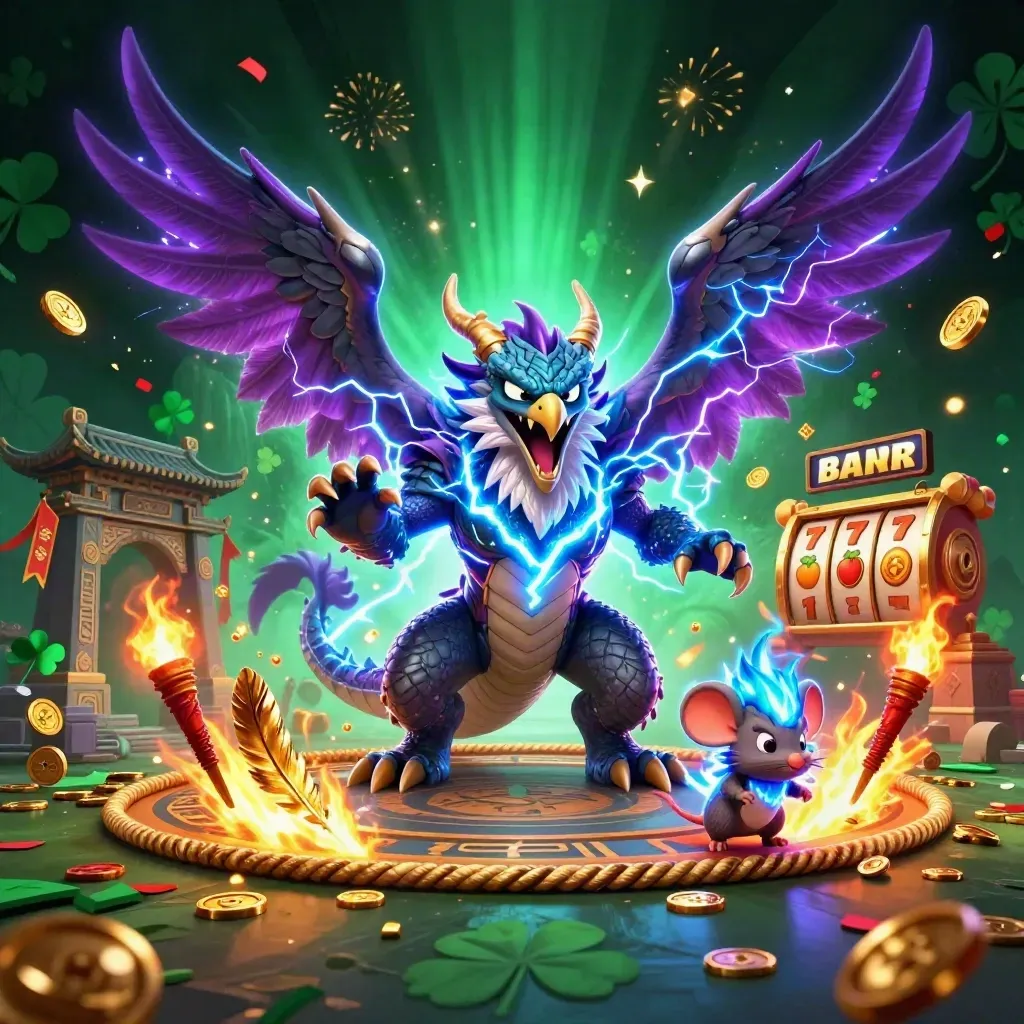 Thunder dragon, wind hawk, and crackling mouse in a rune-forge casino scene.