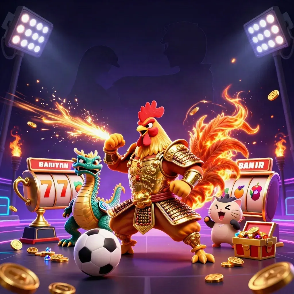 Rooster warrior, dragon hatchling, and fortune-cat amid casino energy, balls, coins, and neon glow.