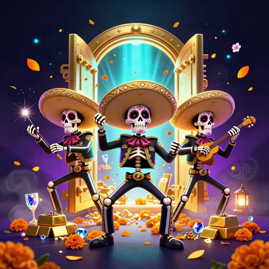 Skeleton mariachi trio before a glowing treasure vault with gold, gems and cyan magic