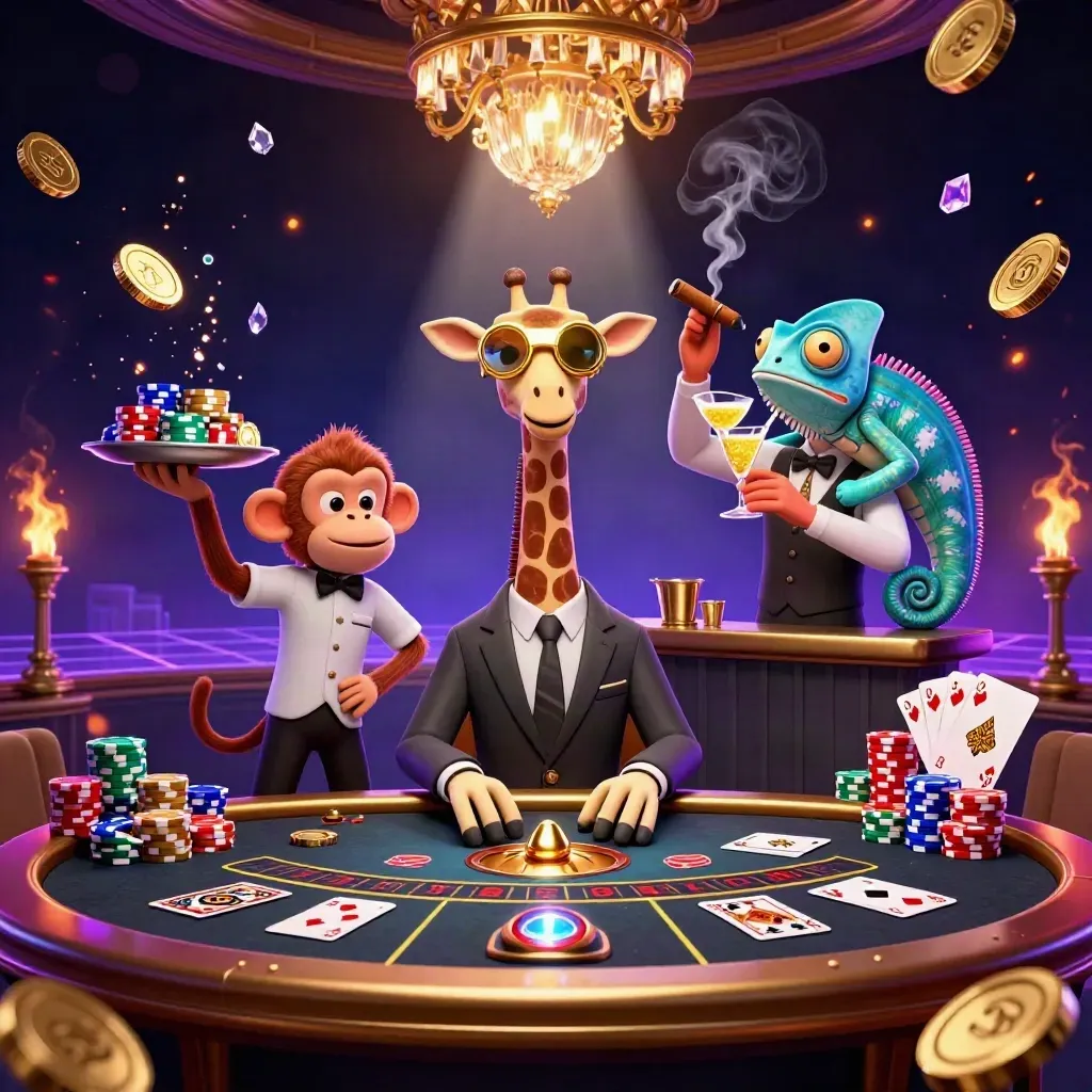 Three cartoon casino animals at a neon luxury table with coins, cards, and a spinning wheel.