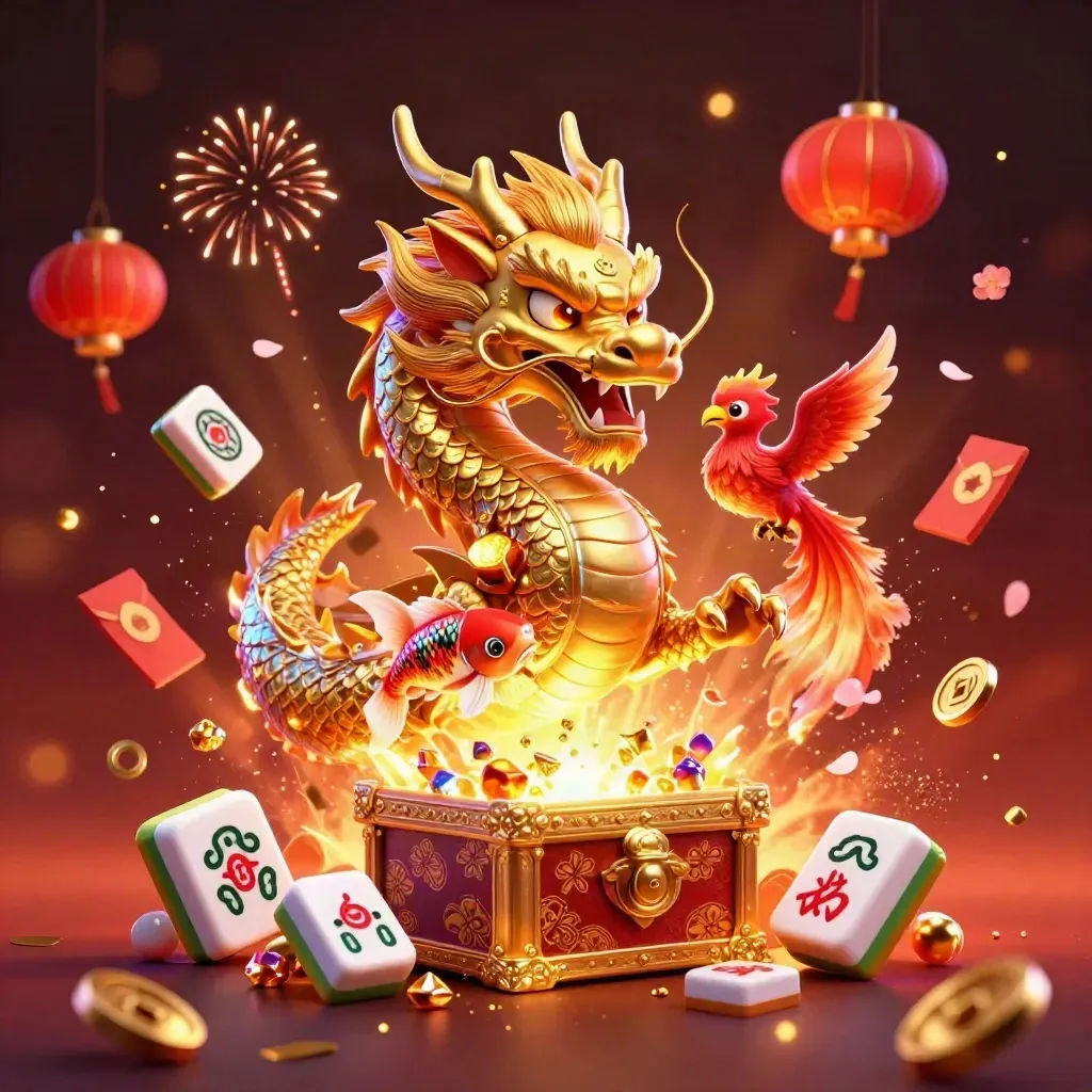 Golden dragon, phoenix and koi burst through treasure, lanterns and neon casino sparks.