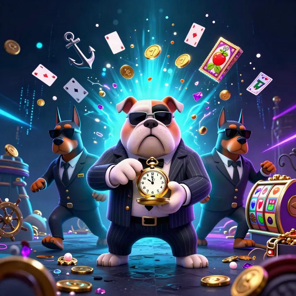 Bulldog mob boss and Dobermans amid neon treasure cove with coins, cards, coral, and electric energy