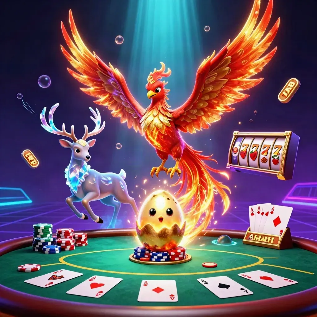 Phoenix, baby phoenix, and crystal stag amid chips, cards, reels, and cyan-purple glow.