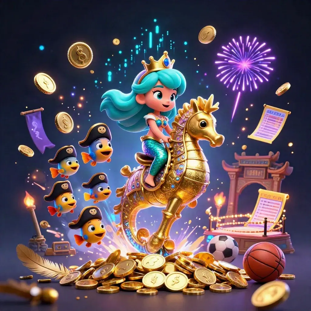 Mermaid princess on armored seahorse amid coins, fish, fireworks, and neon casino effects.