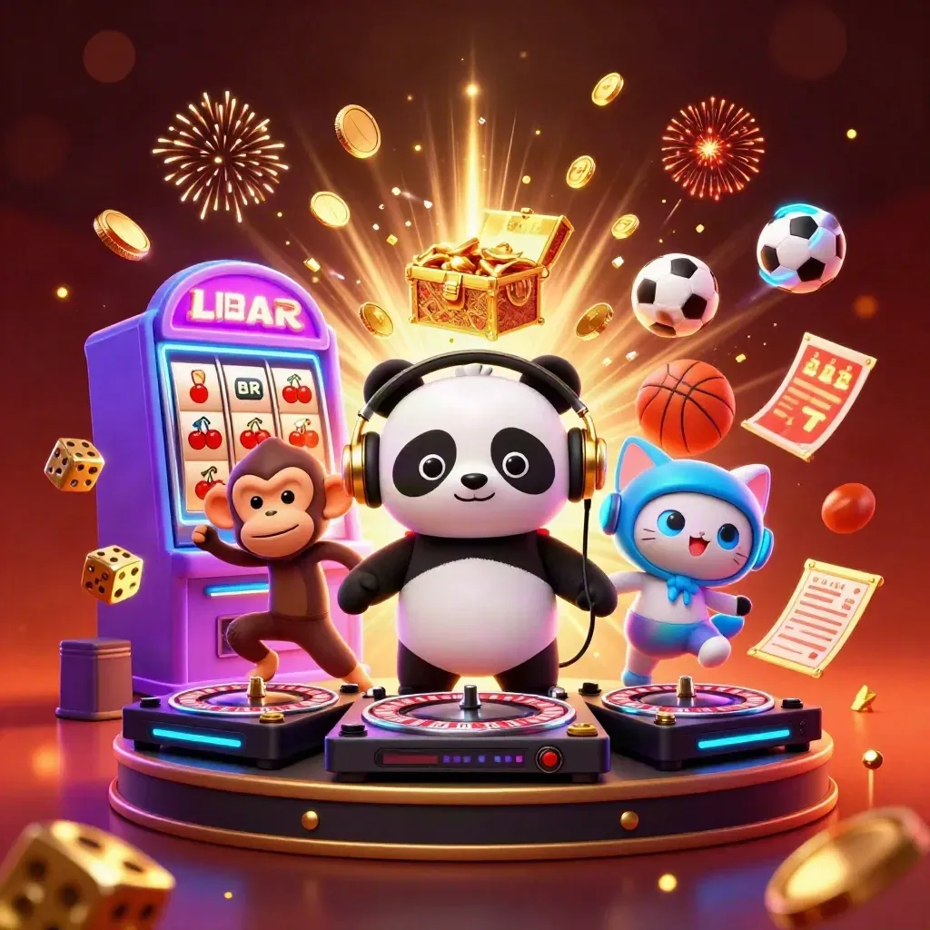 DJ panda, dancing monkey and glow-stick kitten amid jackpot burst, coins, gold and neon casino effects