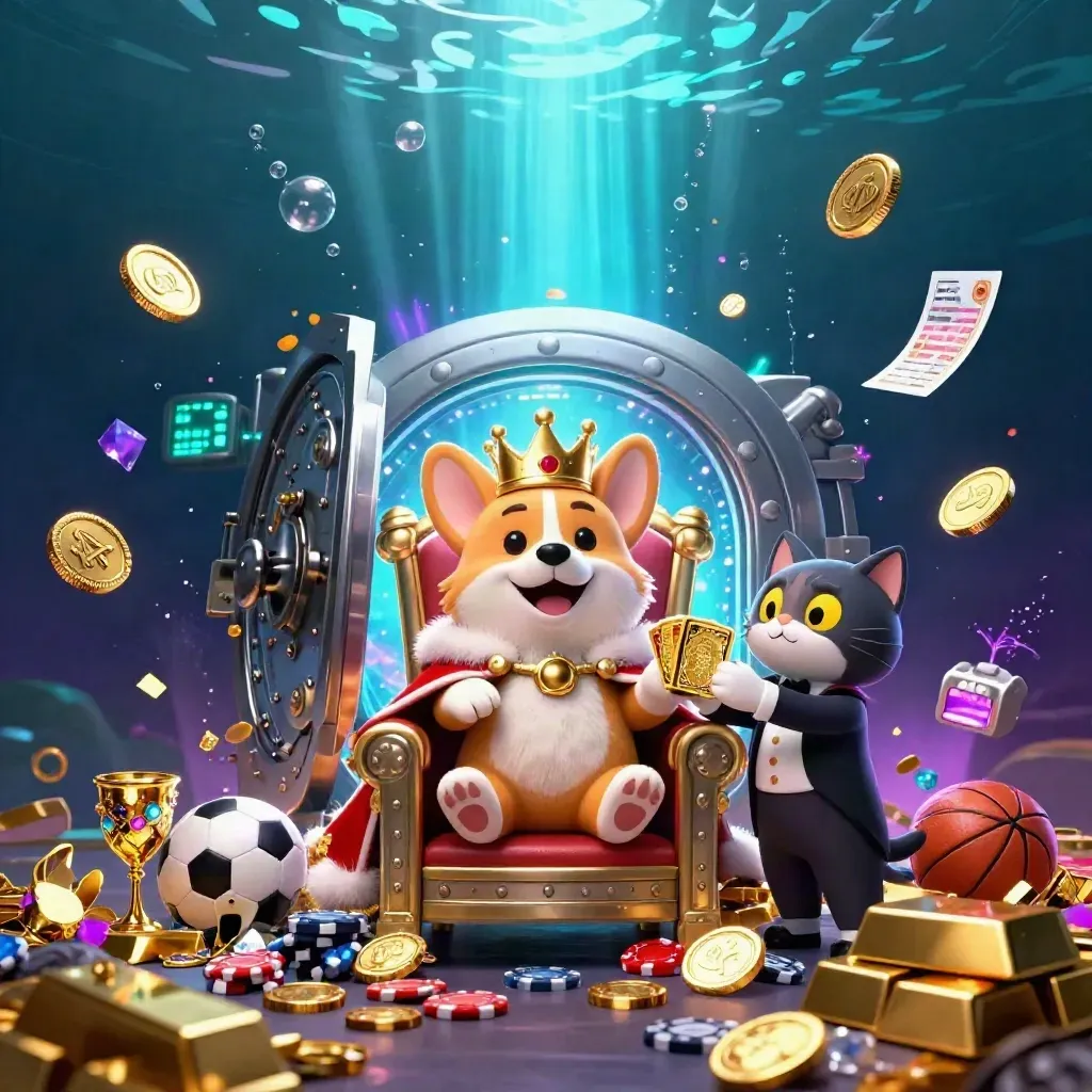 Royal corgi and cat butler burst from a glowing vault amid gold, gems, and neon underwater light.