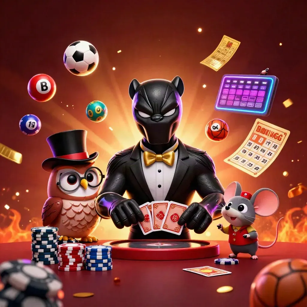 Panther, owl, and mouse in casino key art with chips, balls, wheel, and glowing effects
