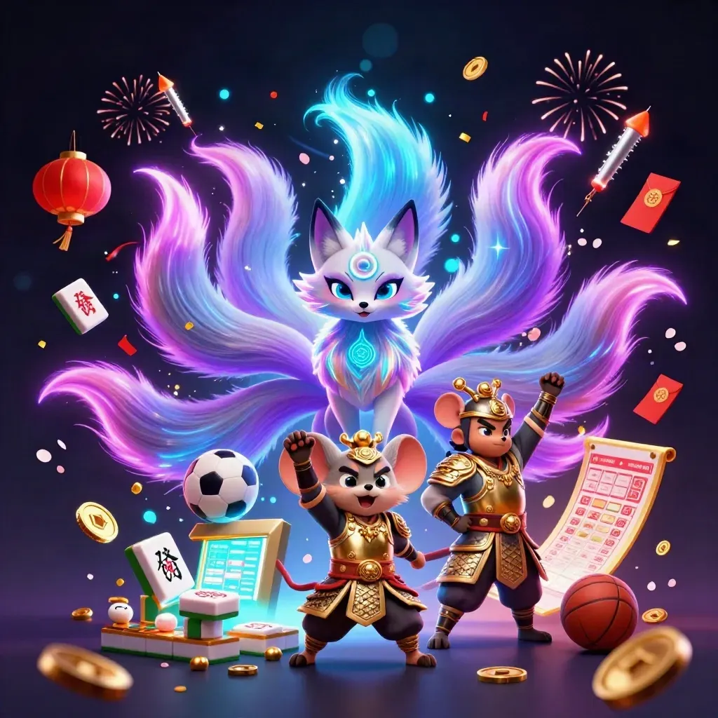 Neon fox spirit and samurai mouse amid treasure coins, fireworks, and casino-gaming symbols