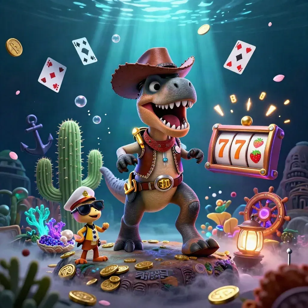 Cowboy T-Rex, cactus sidekick, and roadrunner in a glowing underwater treasure cove.