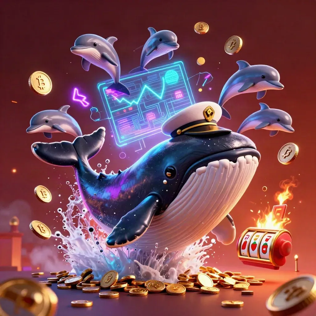 Giant whale captain, narwhal, and dolphins burst through neon coins in a dark casino splash.