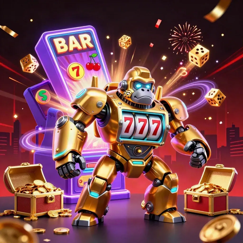 Golden gorilla slot-mech with monkey pilot, exploding casino icons, glowing jackpot chaos.