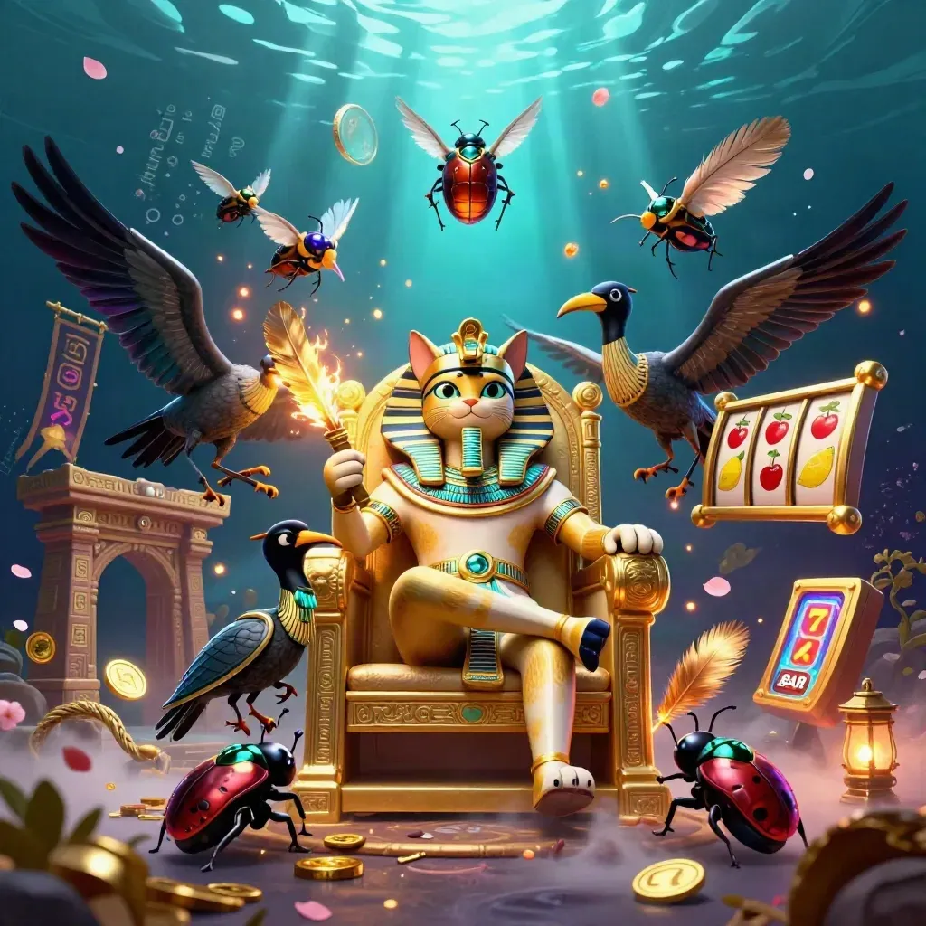 Pharaoh cat, ibis scribe, and scarab beetles amid casino relics in dark cyan glow