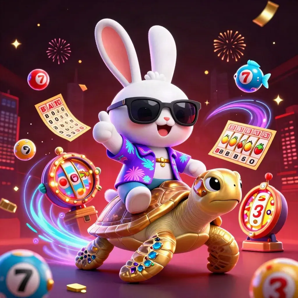 Lucky rabbit rides a gold sea turtle amid casino icons and neon effects.