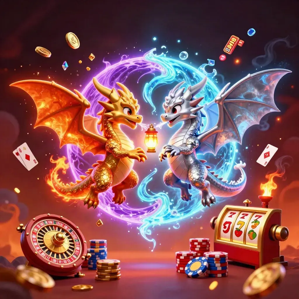 Gold and silver dragons spiral with fire and ice around a lantern spirit amid casino symbols.
