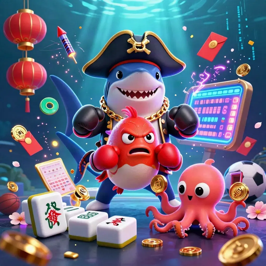 Pirate shark, boxing pufferfish and coin-juggling octopus amid neon casino loot underwater.