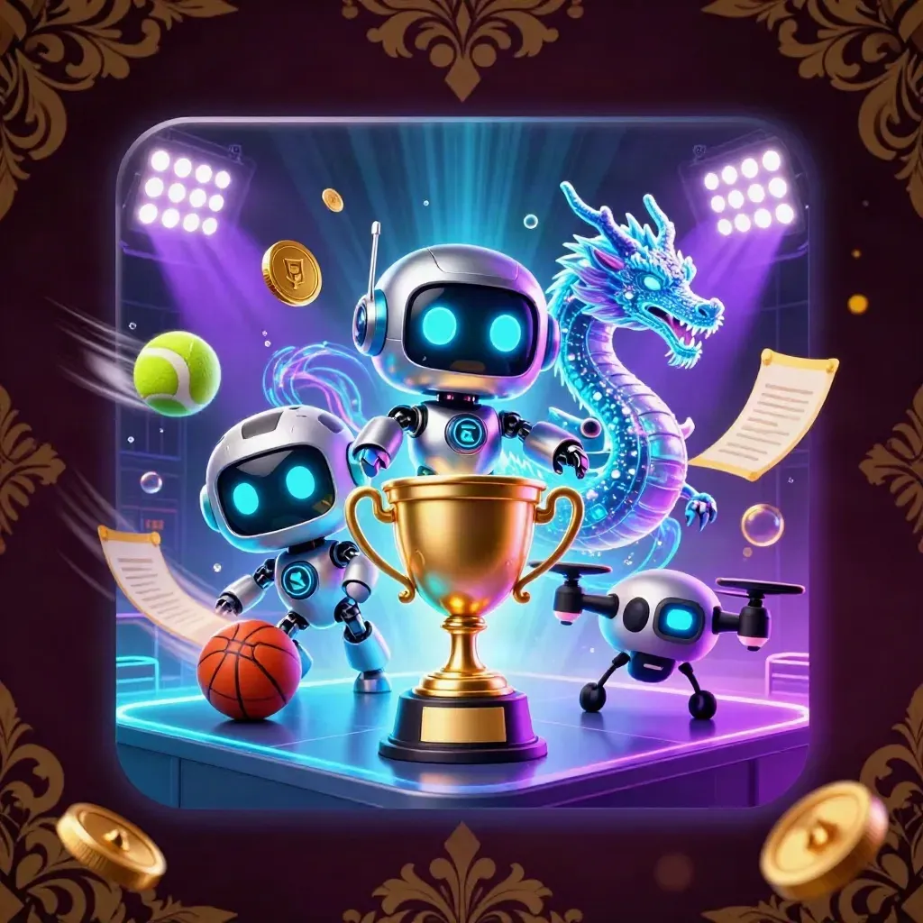 Cyber robot, holographic dragon, coin drone amid trophy, balls, coins, and neon glow.