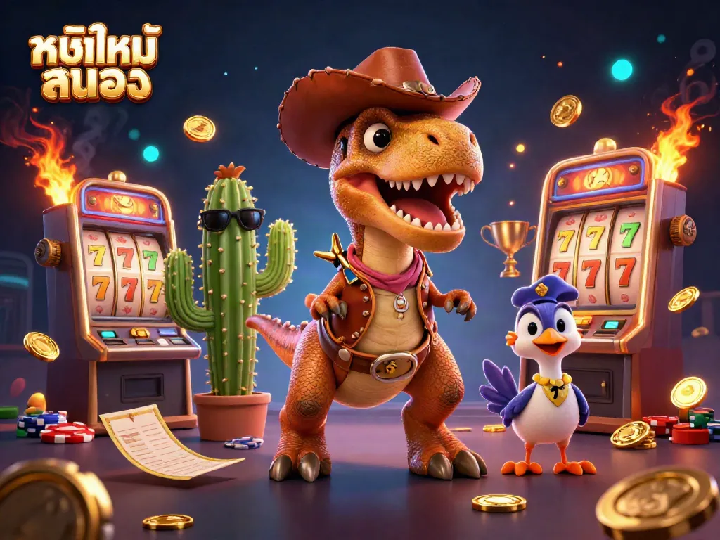 Engage with หนังใหม่ชนโรง, featuring a cartoon T-Rex, cactus, and roadrunner in a vibrant casino scene.