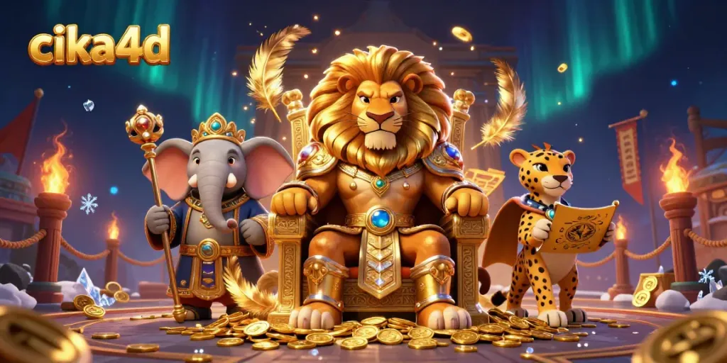 Engage with cika4d in a dynamic 3D casino scene featuring a lion king, elephant advisor, and cheetah messenger.