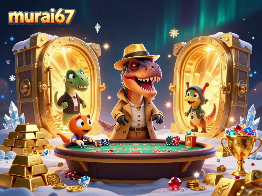 Murai67 velociraptor secretly counting cards at a blackjack table, surrounded by treasure and gems.