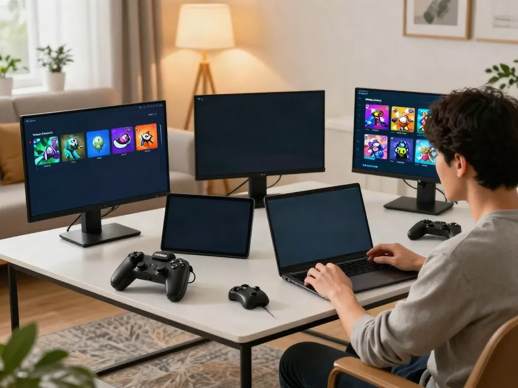Adult enjoying Yono Games on a smartphone in a cozy living room.