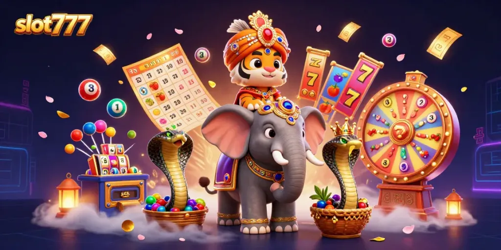 Experience the excitement of slot777 with vibrant 3D characters and thrilling casino elements in a richly detailed illustration.