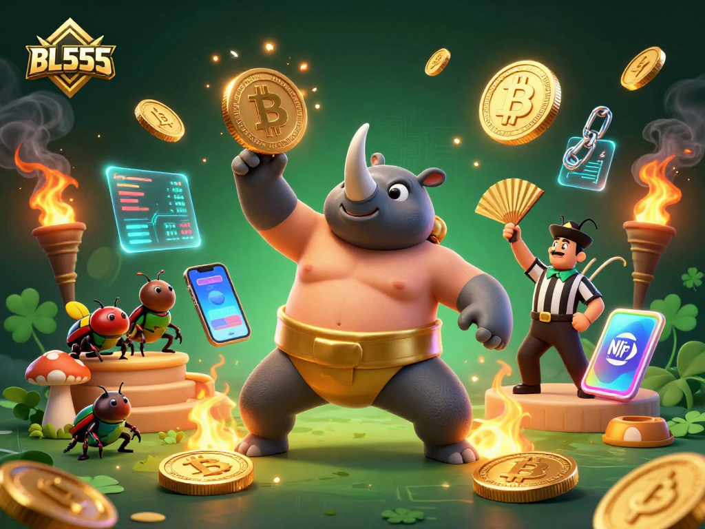 Experience thrilling gameplay at BL555 as a rhinoceros beetle sumo champion sends coins flying in a vibrant casino.
