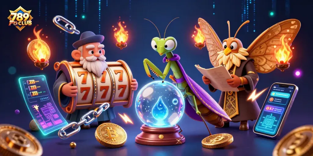 Experience the thrilling world of 789CLUB with a vibrant 3D illustration showcasing captivating slot elements and crypto details.