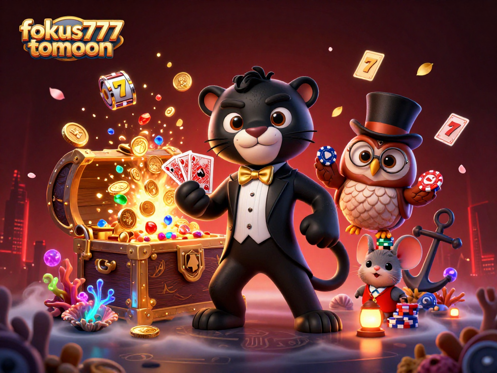 Join the vibrant fokus777tomoon casino scene with the panther, owl, and mouse amidst slot reels and treasures.