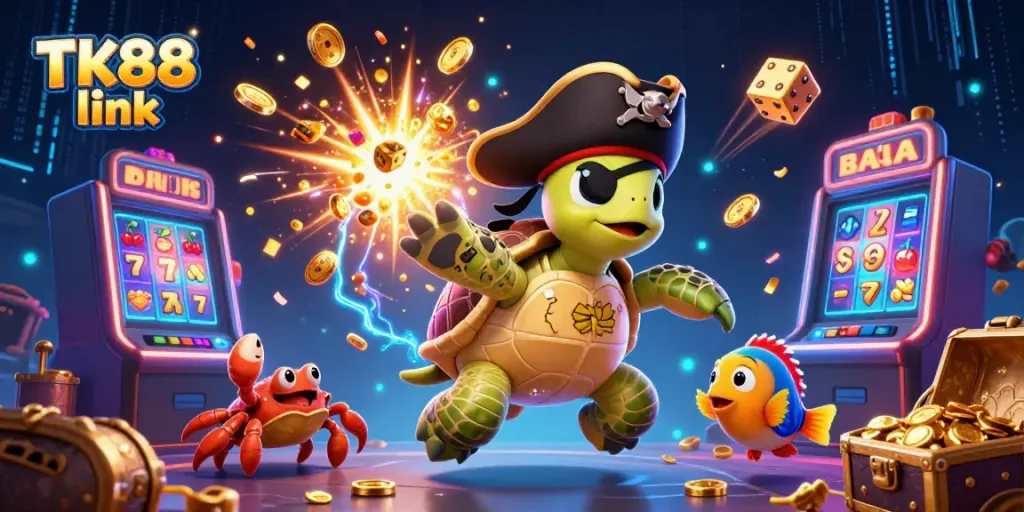 Experience excitement at TK88 link with a cartoon pirate turtle and treasures, capturing the thrill of online gambling.