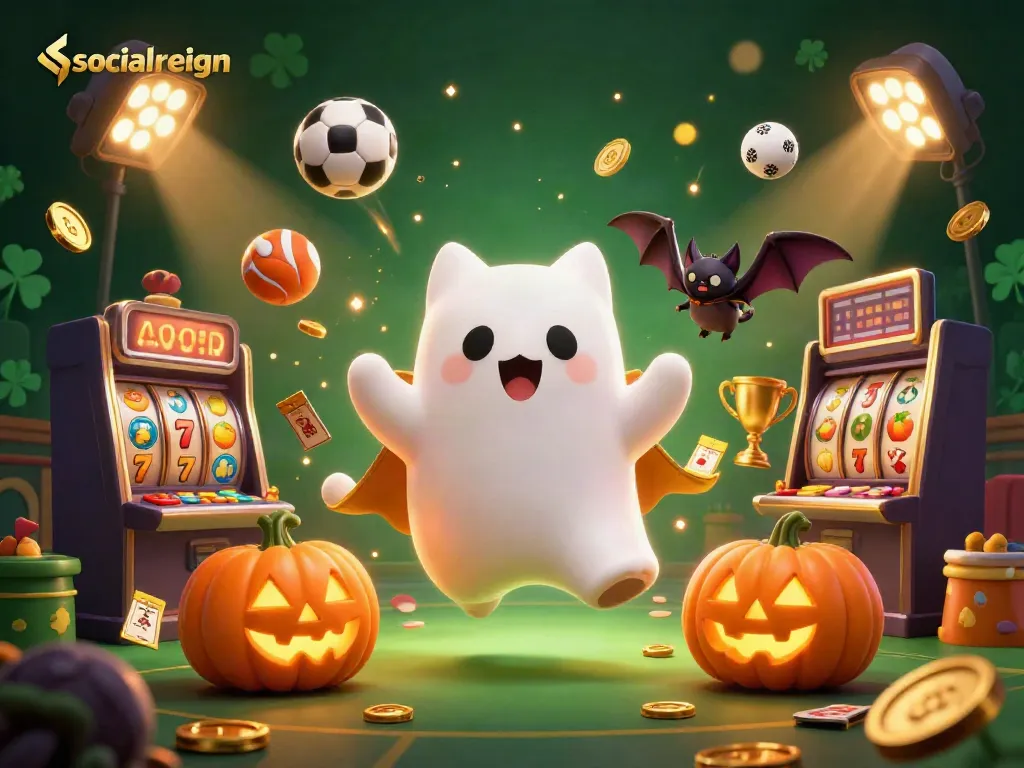 Engage with socialreign in a vibrant casino scene featuring ghost cat, golden bat, and slot reels.
