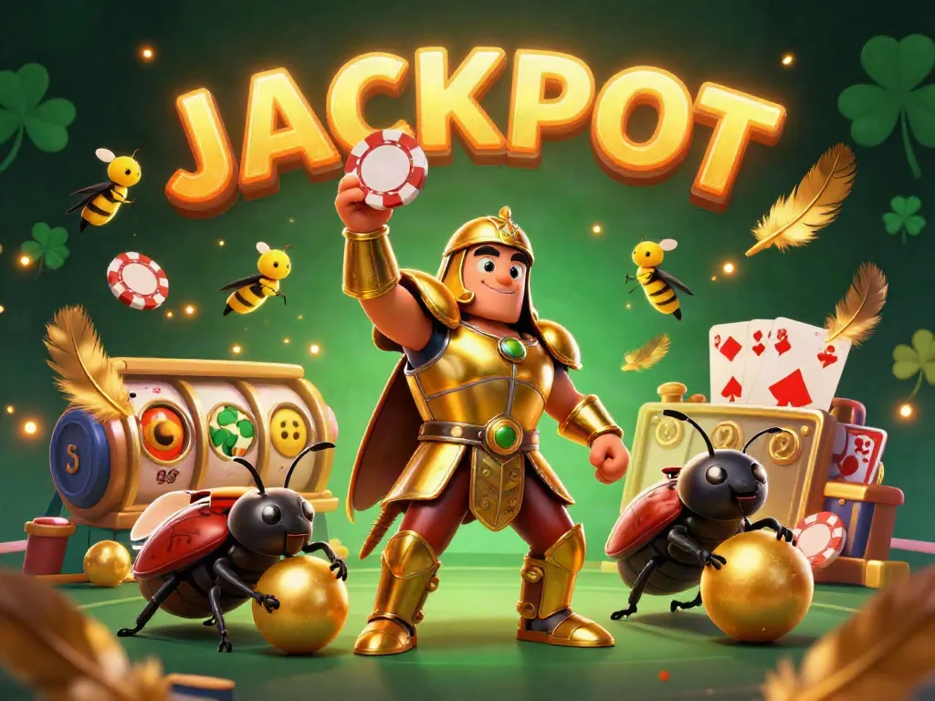 Winning moment at WIN678 nhà cái with a beetle champion lifting a poker chip amidst vibrant gambling elements.