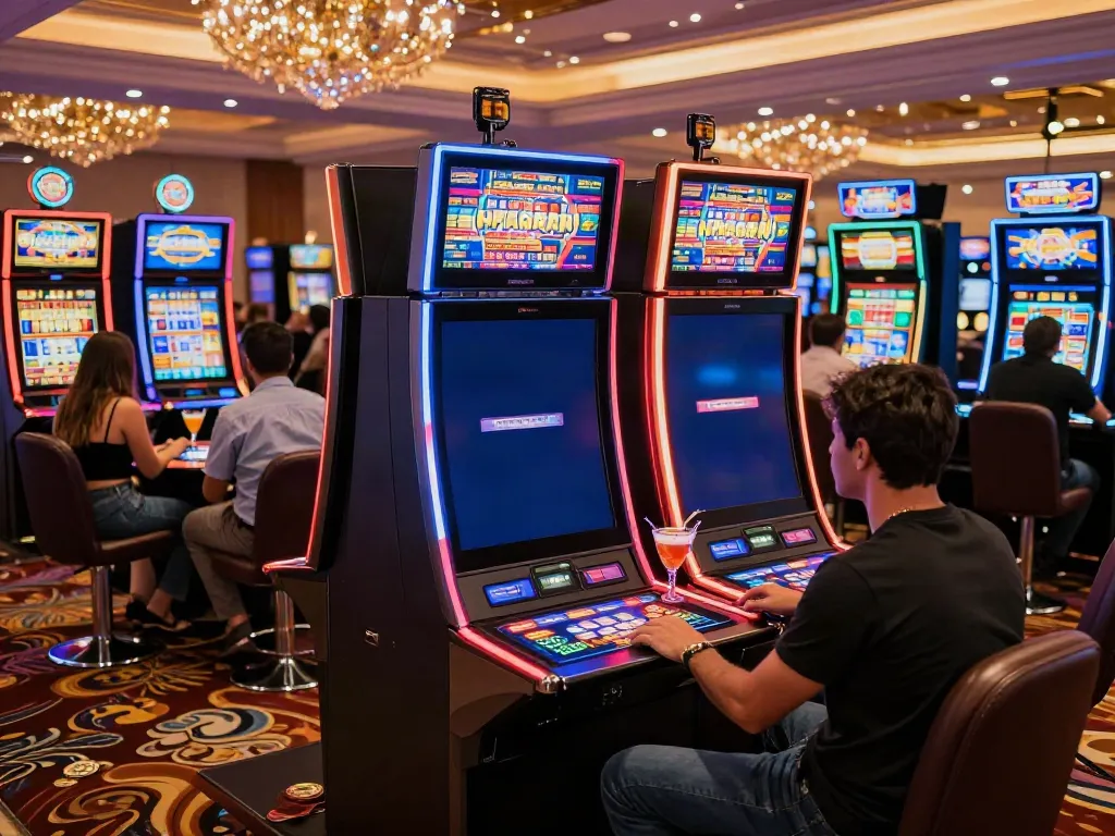 Exciting casino scene with players enjoying slot machines, colorful lights, and vibrant atmosphere focusing on สล็อต.